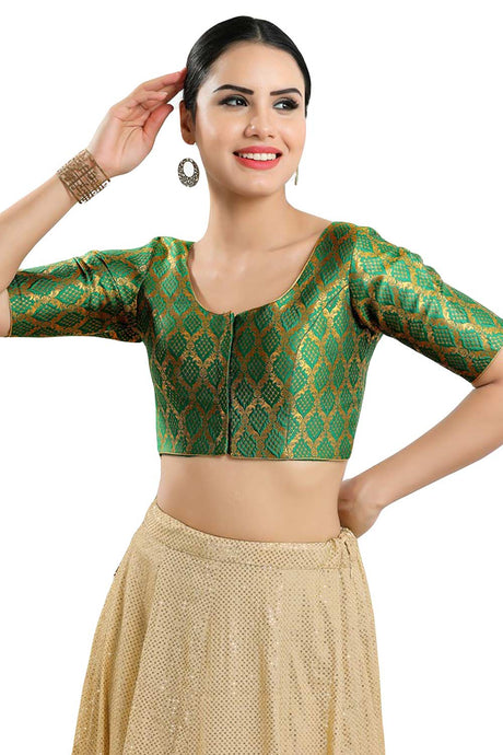 Buy Women's Green Jacquard Readymade Saree Blouse Online
