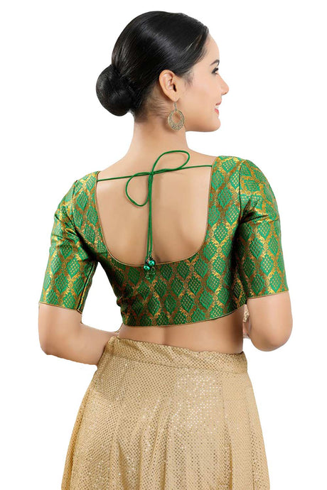 Buy Women's Green Jacquard Readymade Saree Blouse Online - Back
