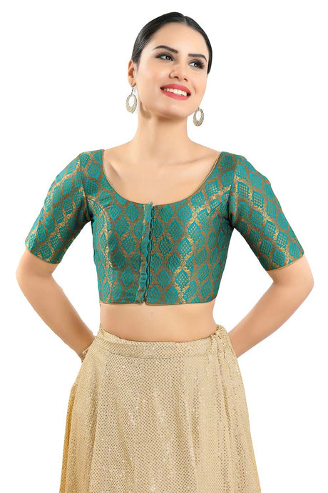 Buy Women's Rama Green Jacquard Readymade Saree Blouse Online