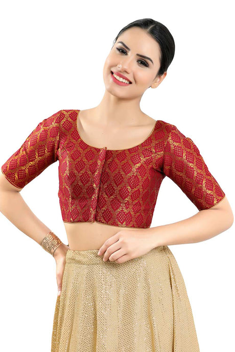 Buy Women's Red Jacquard Readymade Saree Blouse Online