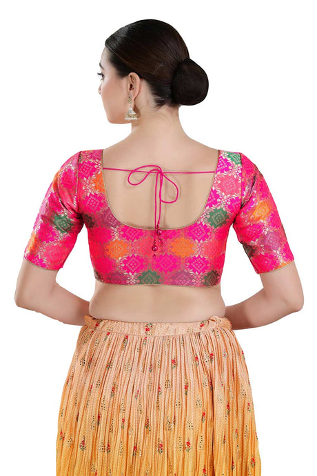 Buy Women's Pink Jacquard Readymade Saree Blouse Online - Back