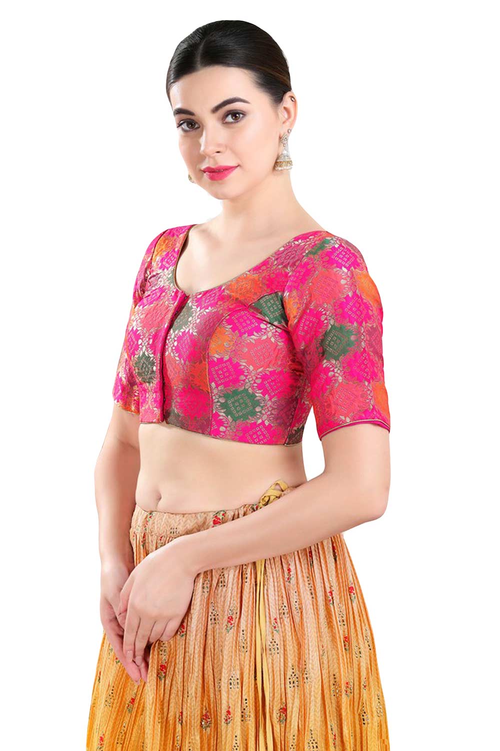 Buy Women's Pink Jacquard Readymade Saree Blouse Online - Front