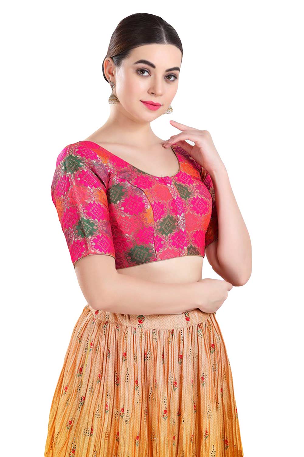 Buy Women's Pink Jacquard Readymade Saree Blouse Online - Side