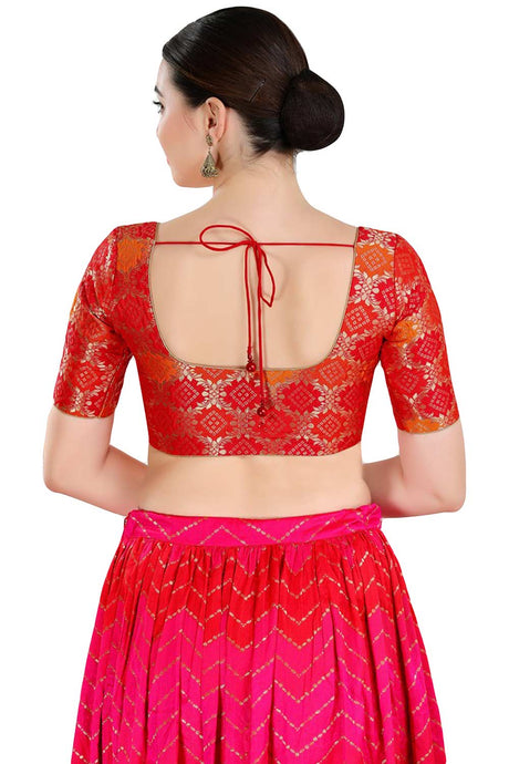 Buy Women's Red Jacquard Readymade Saree Blouse Online - Back