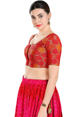 Buy Women's Red Jacquard Readymade Saree Blouse Online - Front