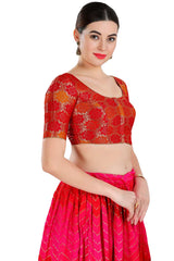 Buy Women's Red Jacquard Readymade Saree Blouse Online - Side