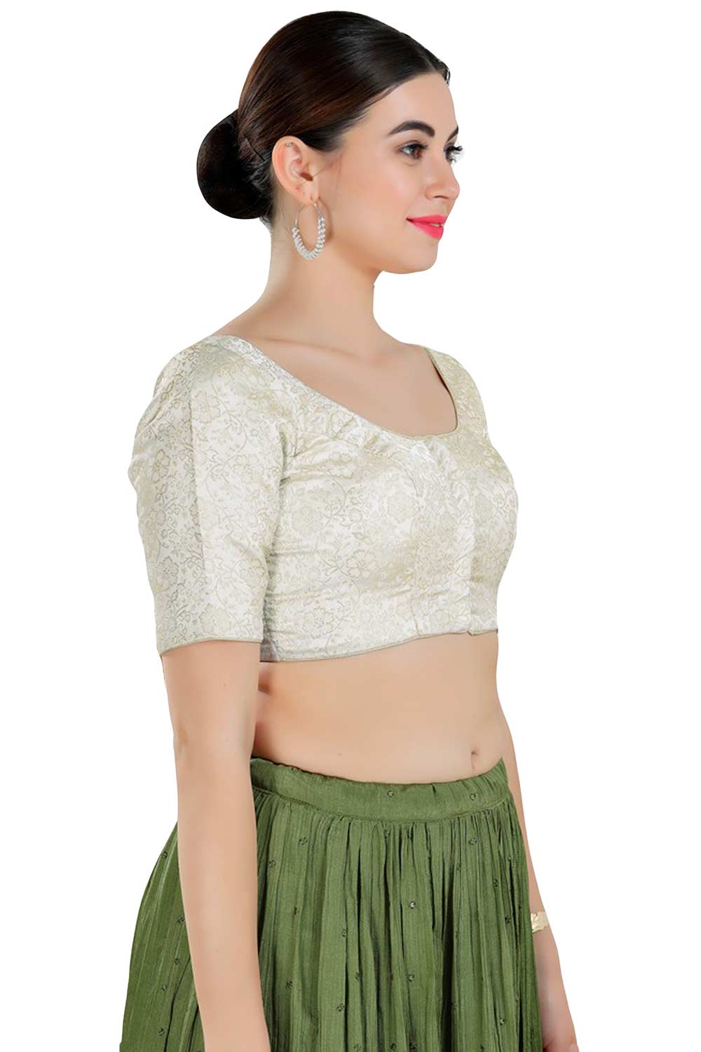 Buy Women's Light Gold Jacquard Readymade Saree Blouse Online - Side