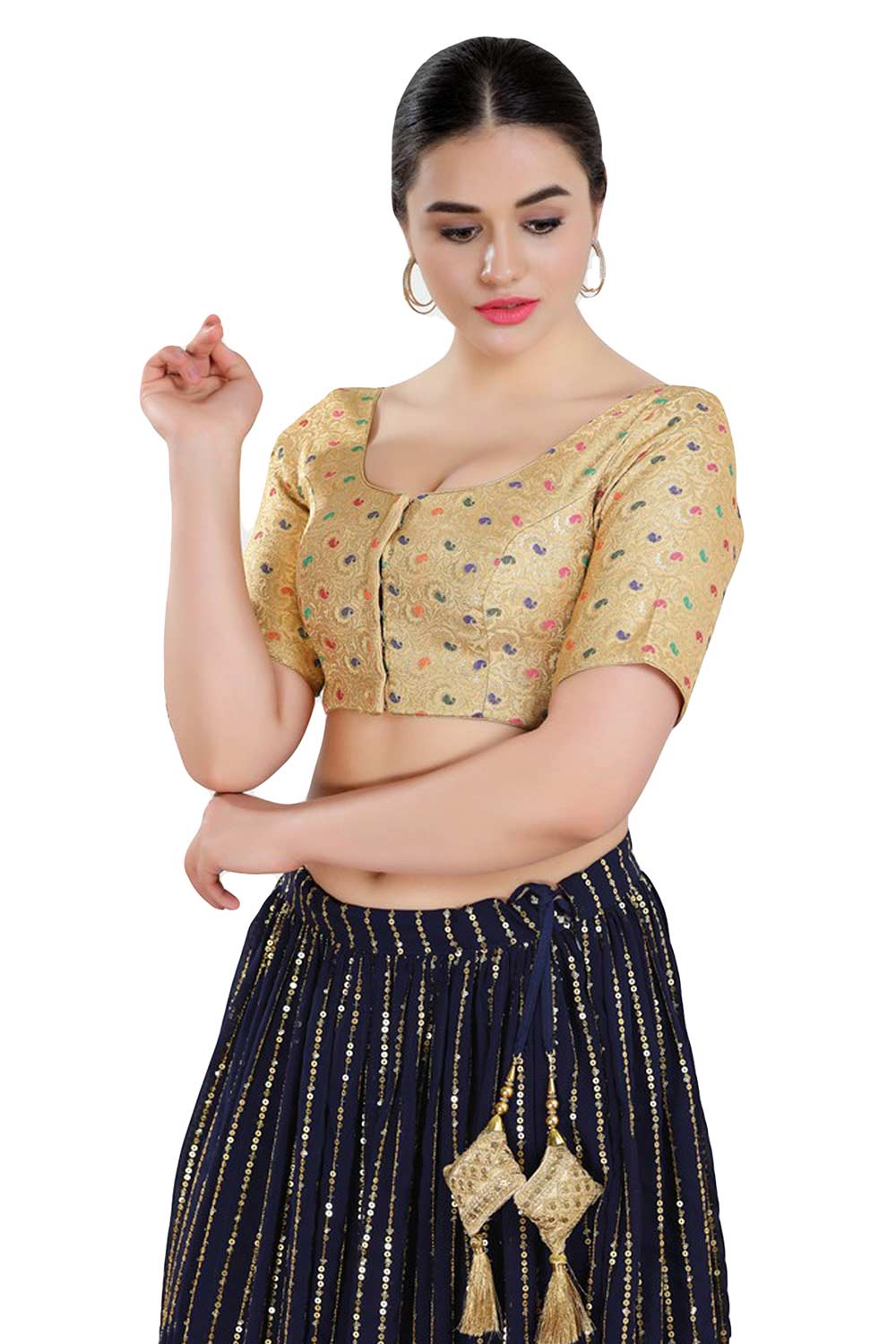 Buy Women's Gold Jacquard Readymade Saree Blouse Online