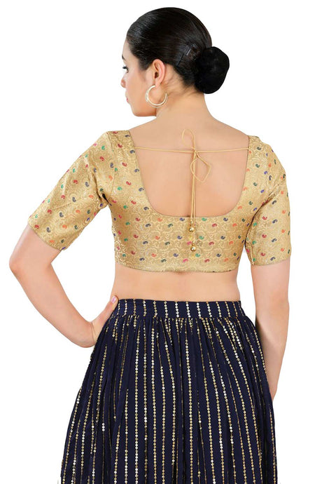 Buy Women's Gold Jacquard Readymade Saree Blouse Online - Back