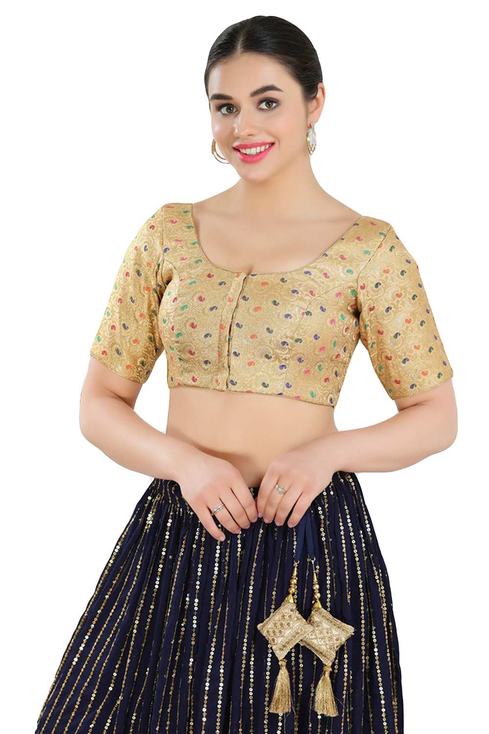 Buy Women's Gold Jacquard Readymade Saree Blouse Online - Front