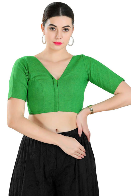 Buy Women's Green Cotton Blend Readymade Saree Blouse Online