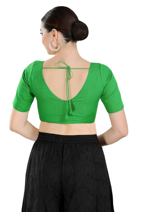 Buy Women's Green Cotton Blend Readymade Saree Blouse Online - Back