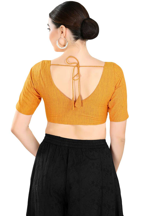 Buy Women's Mustard Cotton Blend Readymade Saree Blouse Online - Back