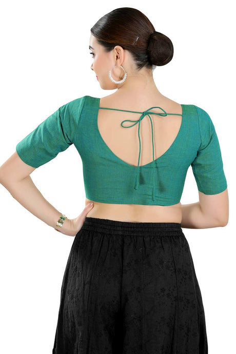 Buy Women's Rama Green Cotton Blend Readymade Saree Blouse Online - Back