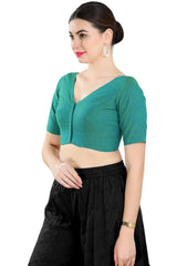 Buy Women's Rama Green Cotton Blend Readymade Saree Blouse Online - Front