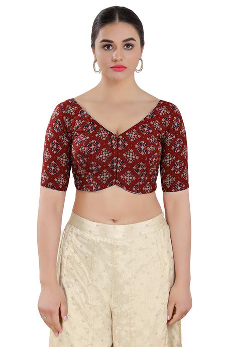 Buy Women's Maroon Cotton Blend Readymade Saree Blouse Online