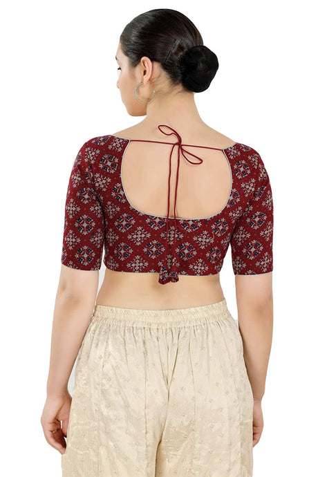 Buy Women's Maroon Cotton Blend Readymade Saree Blouse Online - Back