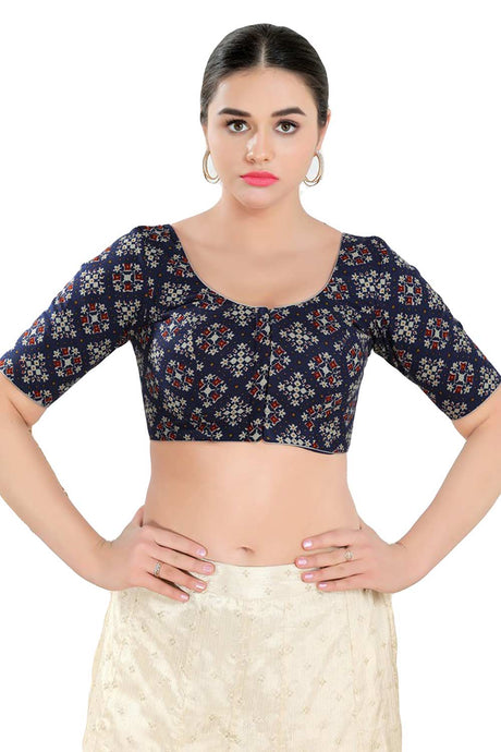 Buy Women's Navy Blue Cotton Blend Readymade Saree Blouse Online