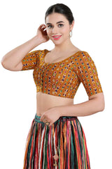 Buy Women's Mustard Cotton Blend Readymade Saree Blouse Online - Front