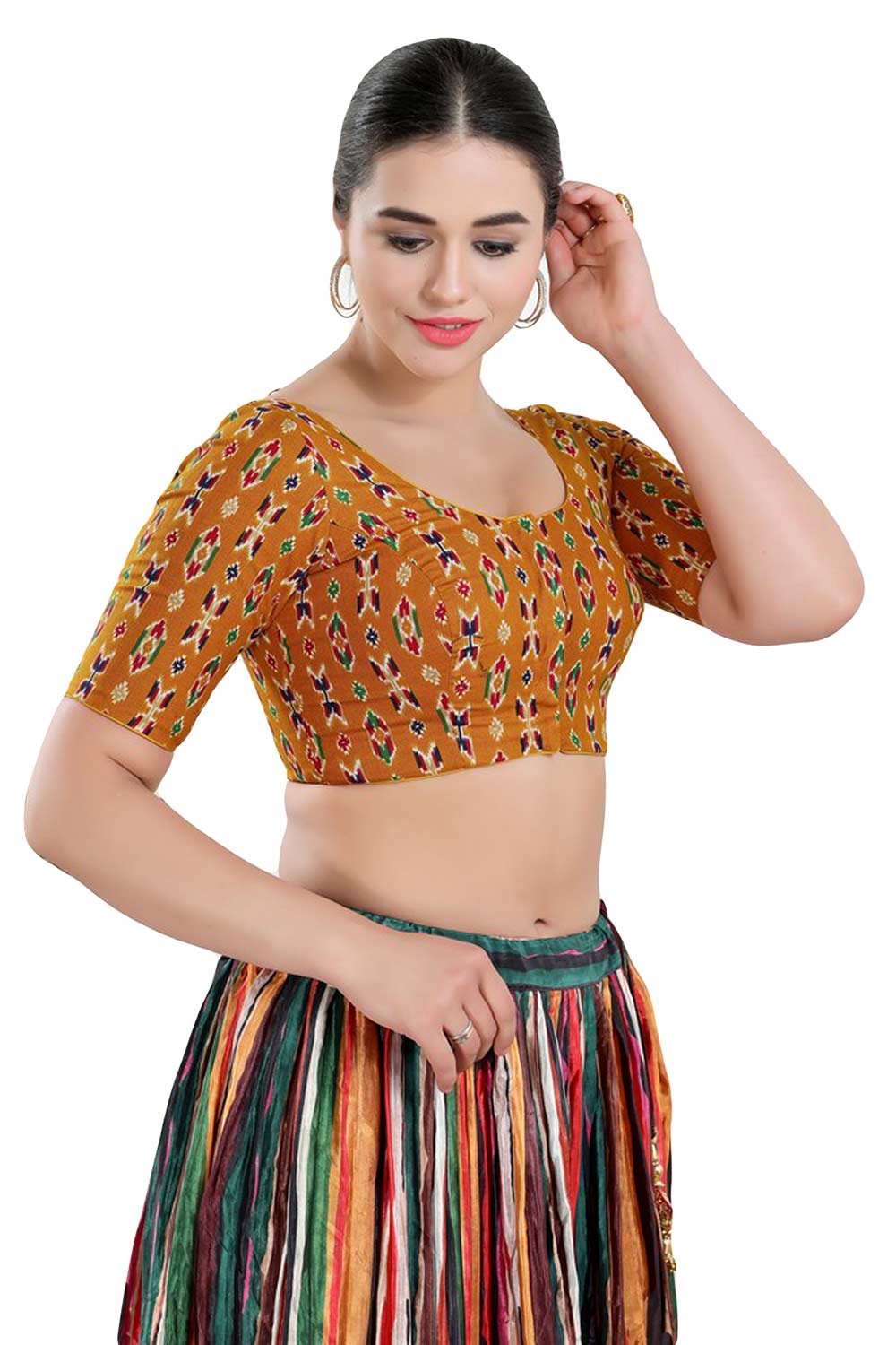 Buy Women's Mustard Cotton Blend Readymade Saree Blouse Online - Side