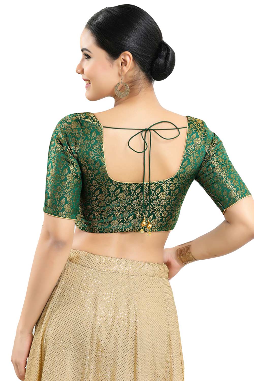 Buy Women's Bottle Green Jacquard Readymade Saree Blouse Online - Back