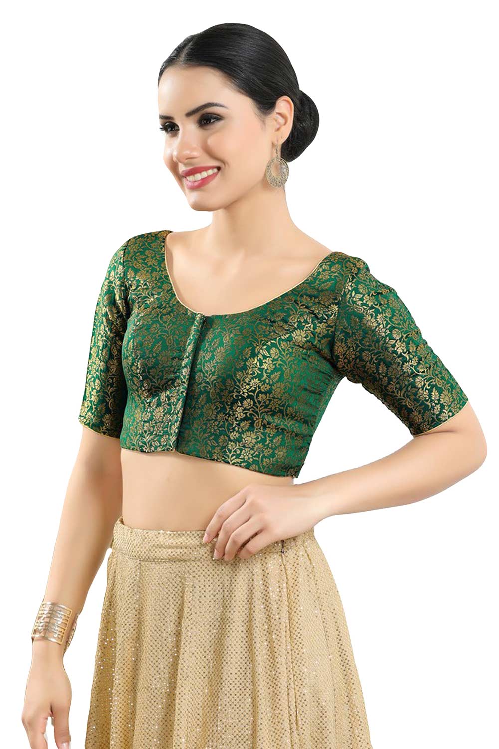 Buy Women's Bottle Green Jacquard Readymade Saree Blouse Online - Front