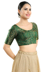 Buy Women's Bottle Green Jacquard Readymade Saree Blouse Online - Side