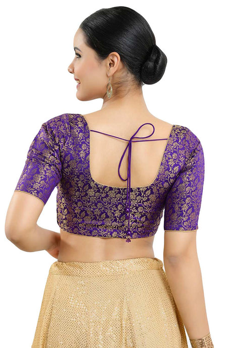 Buy Women's Brinjal Jacquard Readymade Saree Blouse Online - Back