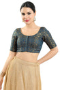 Buy Women's Cobalt Blue Jacquard Readymade Saree Blouse Online