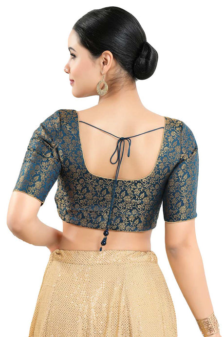 Buy Women's Cobalt Blue Jacquard Readymade Saree Blouse Online - Back