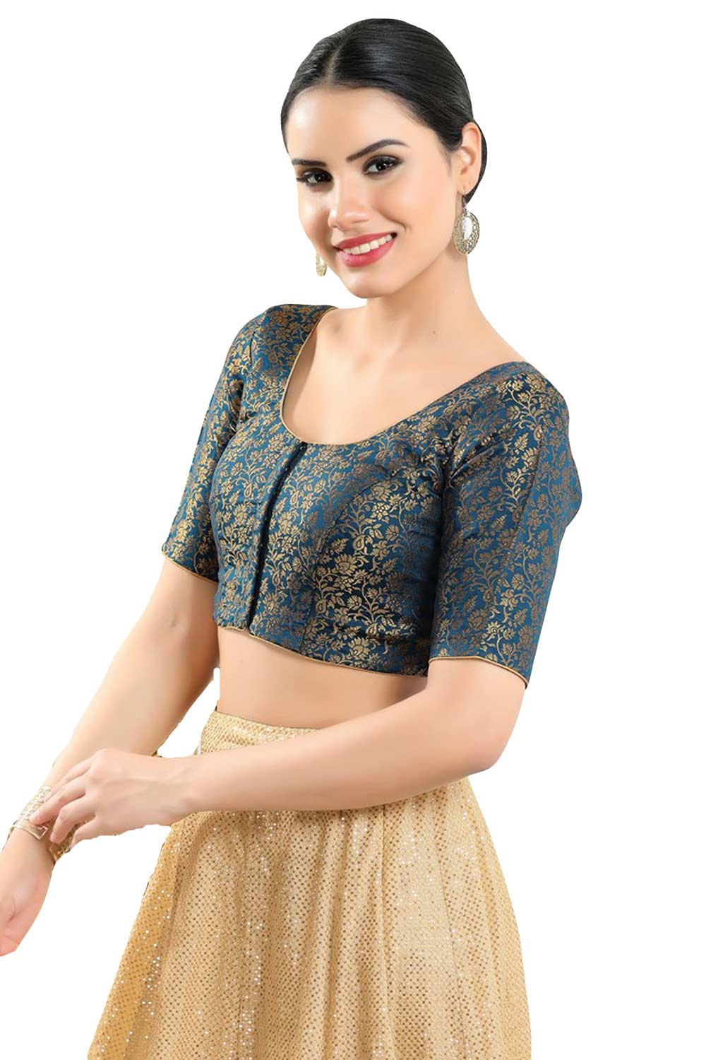 Buy Women's Cobalt Blue Jacquard Readymade Saree Blouse Online - Front