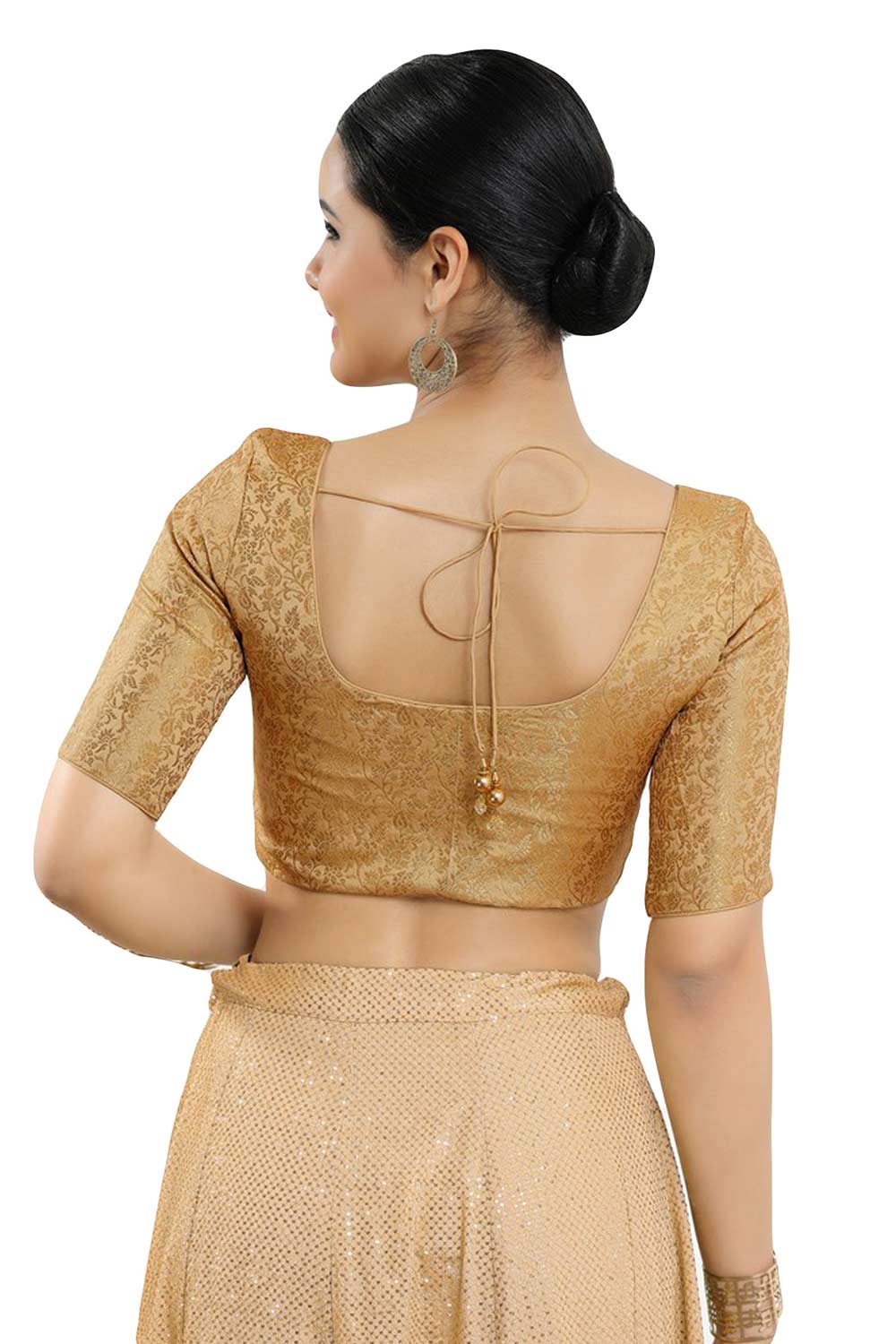 Buy Women's Gold Jacquard Readymade Saree Blouse Online - Back