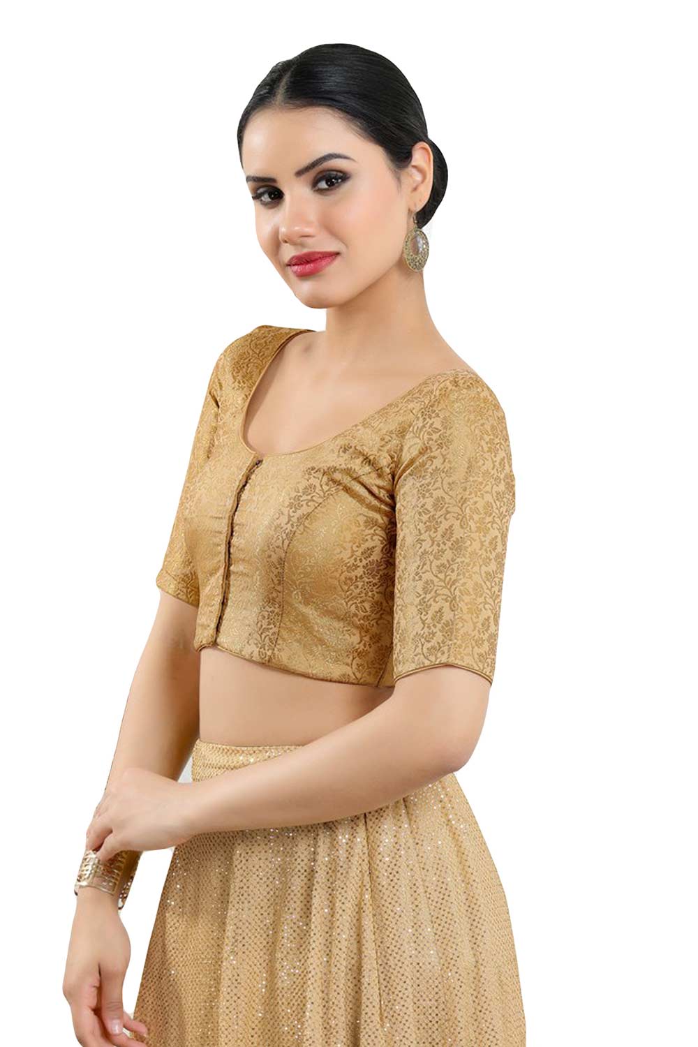 Buy Women's Gold Jacquard Readymade Saree Blouse Online - Front