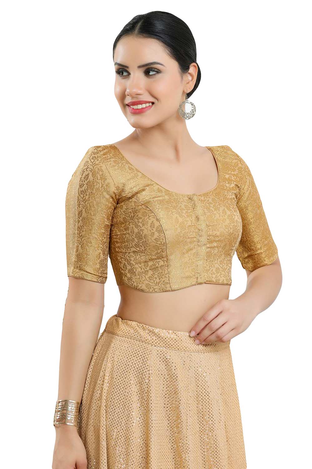 Buy Women's Gold Jacquard Readymade Saree Blouse Online - Side