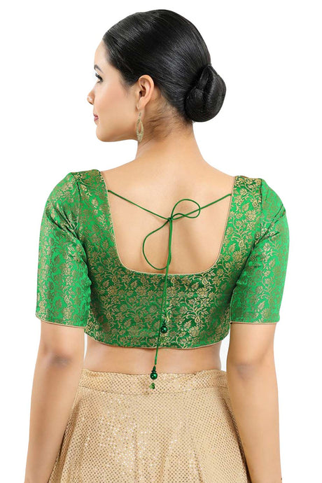 Buy Women's Green Jacquard Readymade Saree Blouse Online - Back