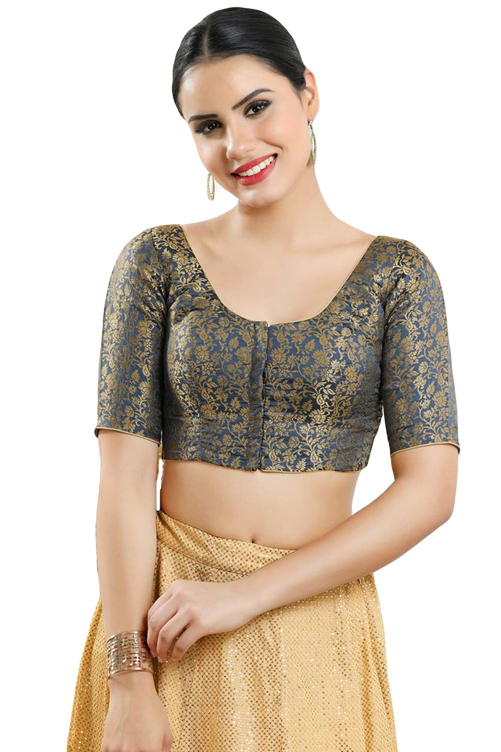 Buy Women's Grey Jacquard Readymade Saree Blouse Online