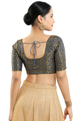 Buy Women's Grey Jacquard Readymade Saree Blouse Online - Back