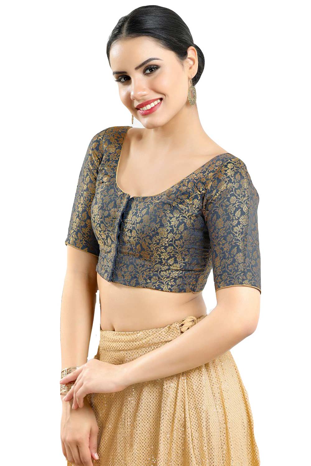 Buy Women's Grey Jacquard Readymade Saree Blouse Online - Front