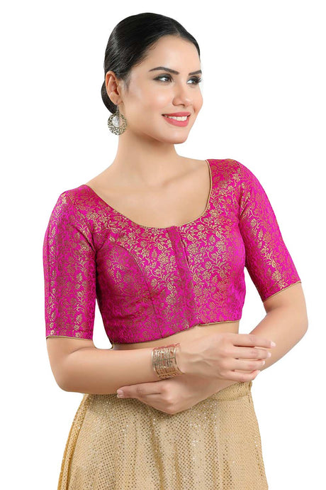 Buy Women's Pink Jacquard Readymade Saree Blouse Online