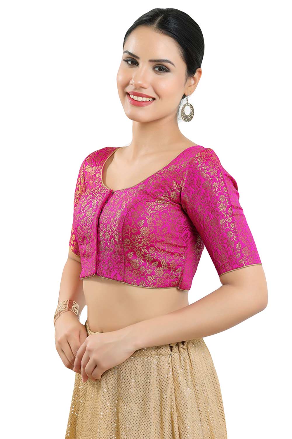 Buy Women's Pink Jacquard Readymade Saree Blouse Online - Front