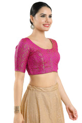 Buy Women's Pink Jacquard Readymade Saree Blouse Online - Side