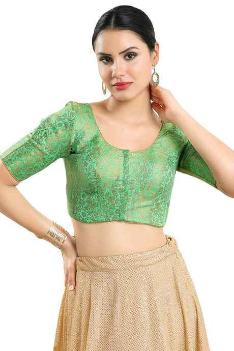 Buy Women's Pista Green Jacquard Readymade Saree Blouse Online