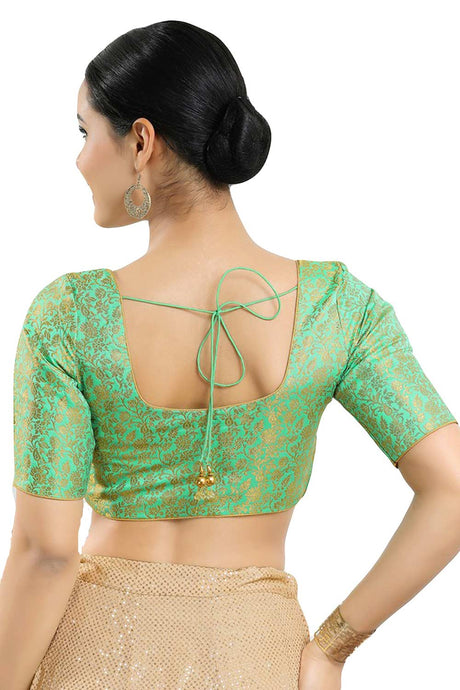 Buy Women's Pista Green Jacquard Readymade Saree Blouse Online - Back