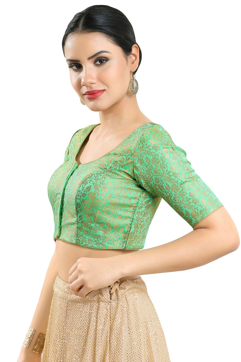 Buy Women's Pista Green Jacquard Readymade Saree Blouse Online - Front