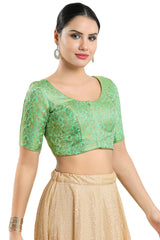 Buy Women's Pista Green Jacquard Readymade Saree Blouse Online - Side