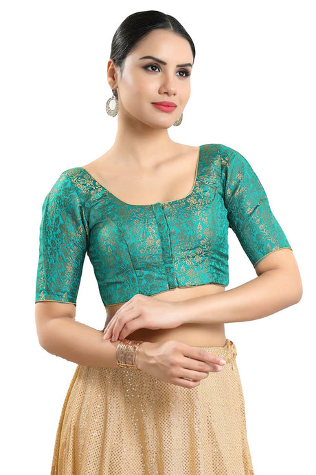 Buy Women's Rama Green Jacquard Readymade Saree Blouse Online