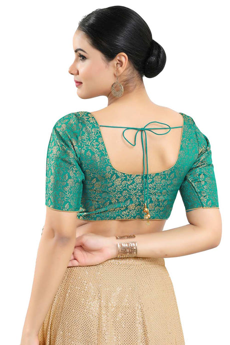 Buy Women's Rama Green Jacquard Readymade Saree Blouse Online - Back