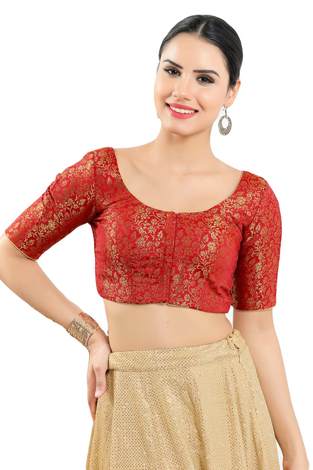 Buy Women's Red Jacquard Readymade Saree Blouse Online