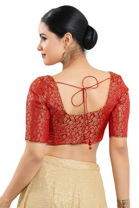 Buy Women's Red Jacquard Readymade Saree Blouse Online - Back