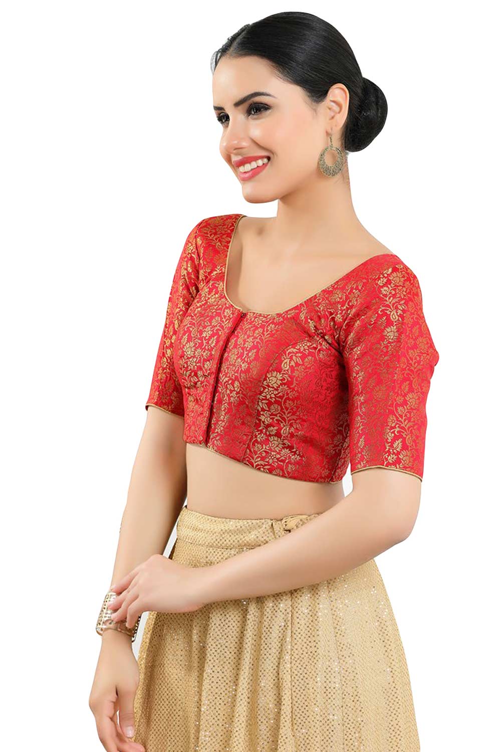 Buy Women's Red Jacquard Readymade Saree Blouse Online - Side